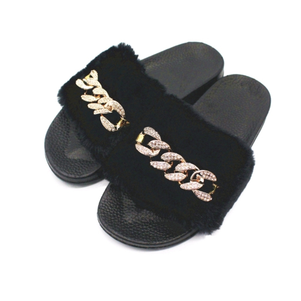 Black faux fur slides with rhinestone gold chain